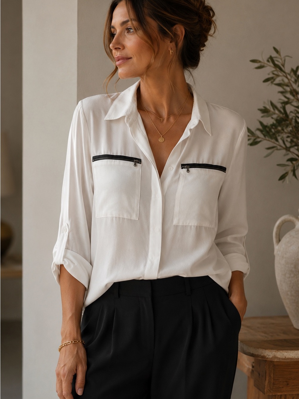 L’ Agence long sleeve blouse button down white black zip pockets needs cleaning